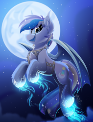 Size: 1900x2500 | Tagged: safe, artist:starcasteclipse, derpibooru import, oc, oc only, bat pony, commission, flying, moon, smiling, solo, ych result