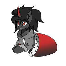 Size: 2000x2000 | Tagged: safe, artist:artevi, derpibooru import, king sombra, queen umbra, pony, unicorn, blanket, clothes, hoodie, rule 63, simple background, solo, the crystal empire 10th anniversary, transparent background