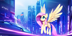 Size: 2048x1024 | Tagged: safe, derpibooru import, generator:novelai, generator:stable diffusion, machine learning generated, fluttershy, pegasus, city, cyberpunk, female, flying, solo