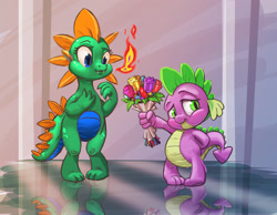 Size: 1712x1329 | Tagged: safe, artist:harwick, derpibooru import, spike, oc, oc:emziko, dragon, bouquet, canon x oc, closed mouth, crystal flower, dragon oc, duo, duo male and female, eyes open, fangs, female, fire, fire breath, flower, gem, male, non-pony oc, reflection, shipping, spiko, straight