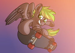 Size: 1920x1358 | Tagged: safe, artist:ebunix, derpibooru import, oc, oc only, oc:lightflare, pegasus, pony, airborne, grin, male, pegasus oc, simple background, skateboard, smiling, solo, spread wings, stallion, wings