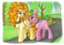 Size: 4093x2894 | Tagged: safe, artist:julunis14, derpibooru import, adagio dazzle, oc, oc:peach cobbler, earth pony, pony, unicorn, comic:we will be adored, collar, cute, leash, park, path, pet play, ponified, ponified siren, submissive, tree