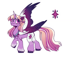 Size: 1032x774 | Tagged: safe, artist:paintedsnek, derpibooru import, twilight sparkle, twilight sparkle (alicorn), alicorn, alternate design, chest fluff, coat markings, colored ears, colored hooves, colored wings, cutie mark, female, gradient wings, horn, horn ring, mare, peytral, redesign, ring, simple background, solo, unshorn fetlocks, white background, wings