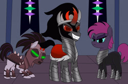 Size: 3301x2160 | Tagged: safe, derpibooru import, king sombra, oc, earth pony, pony, unicorn, the crystal empire, angry, armor, armored pony, clothes, colored horn, curved horn, helmet, horn, looking at you, mind control, slave, smiling, smiling at you, sombra horn, sombra soldier, staring at you, suit, the crystal empire 10th anniversary, worship