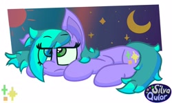 Size: 2048x1219 | Tagged: safe, artist:silvaqular, derpibooru import, oc, oc only, oc:cyanette, earth pony, pony, cute, eye clipping through hair, female, lying down, mare, moon, night, night sky, purple, sky, solo, sun, unhappy