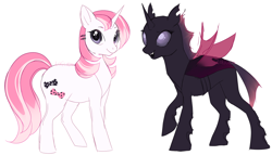 Size: 1264x724 | Tagged: safe, artist:serasugee, derpibooru import, oc, oc only, oc:silky shimmer, changeling, pony, unicorn, adorable face, bowtie, changeling oc, cute, female, feral, happy, innocent, joy, mare, open mouth, open smile, pink changeling, pink hair, pink mane, pretty, purple changeling, purple eyes, simple background, smiling, white background, white fur, wings