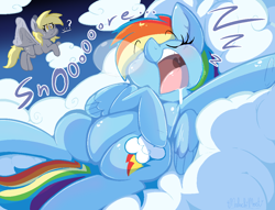 Size: 1108x846 | Tagged: safe, artist:malachimoet, derpibooru import, derpy hooves, rainbow dash, pegasus, pony, cloud, cute, derp, drool, duo, female, flying, frog (hoof), lying down, mare, on back, onomatopoeia, open mouth, question mark, saliva puddle, salivating, sleeping, slimy, snoring, snot bubble, sound effects, underhoof, uvula, volumetric mouth, zzz