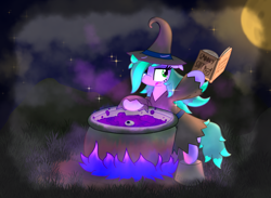 Size: 3000x2200 | Tagged: safe, artist:silvaqular, derpibooru import, oc, oc only, oc:cyanette, earth pony, pony, book, cauldron, clothes, cute, fantasy class, female, fog, mare, moon, night, solo, witch