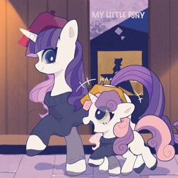 Size: 1600x1600 | Tagged: safe, artist:zhen8558, derpibooru import, rarity, sweetie belle, pony, unicorn, beatnik, beatnik rarity, beret, clothes, cute, diasweetes, excited, eye clipping through hair, female, hamilton, hat, poster, siblings, sisters, smiling, sweater, talking