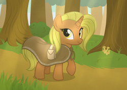 Size: 2970x2100 | Tagged: safe, artist:candy meow, derpibooru import, oc, oc only, oc:aurora lulamoon, pony, unicorn, bag, bush, cloak, clothes, crepuscular rays, female, filly, foal, forest, high res, horn, looking sideways, mushroom, saddle bag, solo, tree, unicorn oc, walking