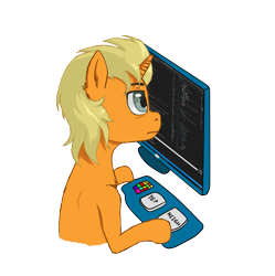 Size: 909x911 | Tagged: safe, artist:limonium, derpibooru import, oc, oc only, oc:lim, pony, unicorn, blonde, computer, confused, male, programming, simple background, solo, transparent background