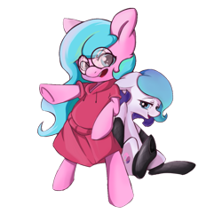 Size: 1051x1051 | Tagged: safe, artist:笑北蕲, derpibooru import, oc, oc only, pony, 2023 community collab, bipedal, clothes, derpibooru community collaboration, duo, female, fishnet stockings, glasses, simple background, transparent background, underhoof