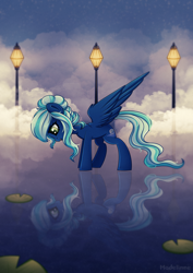 Size: 1852x2613 | Tagged: safe, artist:madelinne, derpibooru import, oc, oc only, pegasus, pony, background, female, lamp, lilypad, mare, reflection, solo, water