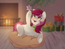 Size: 2232x1680 | Tagged: safe, artist:lissa, derpibooru import, roseluck, pony, behaving like a cat, christmas, christmas gift, christmas tree, collar, commission, commissioner:doom9454, cute, fire, fireplace, holiday, pet tag, pillow, pony pet, rosepet, solo, tree