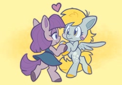 Size: 640x451 | Tagged: safe, artist:peekychu, artist:raystarkitty, derpibooru import, derpy hooves, maud pie, earth pony, pegasus, semi-anthro, bandaid, cute, derpabetes, derpmaud, duo, female, heart, lesbian, maudabetes, shipping, smiling, when she smiles