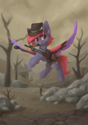Size: 2480x3508 | Tagged: safe, artist:dorkmark, derpibooru import, oc, oc only, fly, insect, pegasus, pony, fallout equestria, hat, male, skull, solo, wasteland, weapon
