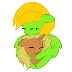 Size: 2000x2000 | Tagged: safe, artist:candy meow, derpibooru import, oc, oc:aurora lulamoon, oc:candy meow, pegasus, pony, unicorn, ^^, cute, duo, ears, eyes closed, female, filly, floppy ears, foal, high res, horn, hug, mare, pegasus oc, pony oc, simple background, thundermeow, transparent background, unicorn oc, winghug, wings