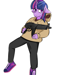 Size: 2000x2000 | Tagged: safe, artist:watashiao, derpibooru import, twilight sparkle, unicorn twilight, anthro, pony, unicorn, clothes, ears, floppy ears, gun, hoodie, meme, shoes, simple background, sneakers, solo, transparent background, weapon