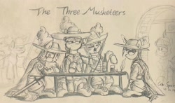 Size: 2720x1600 | Tagged: safe, artist:cdrspark, derpibooru import, earth pony, pony, unicorn, feather, female, group, hat, monochrome, musketeer, pencil drawing, ponified, rule 63, the three musketeers, traditional art