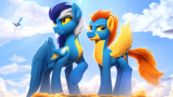 Size: 1024x576 | Tagged: safe, derpibooru import, machine learning generated, soarin', spitfire, pegasus, pony, clothes, female, male, uniform, wonderbolts, wonderbolts uniform