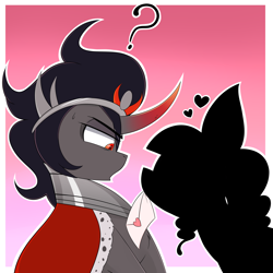 Size: 3000x3000 | Tagged: safe, artist:dragonpone, derpibooru exclusive, derpibooru import, king sombra, oc, oc:vantablack, earth pony, pony, unicorn, confused, duo, duo male and female, envelope, female, floating heart, heart, infatuation, jewelry, letter, looking at each other, looking at someone, love letter, male, mare, mouth hold, passepartout, question mark, regalia, stallion, sweat, sweatdrop, the crystal empire 10th anniversary