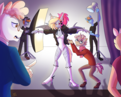 Size: 2500x2000 | Tagged: safe, artist:jitterbugjive, derpibooru import, svengallop, oc, oc:batty bliss, anthro, bat pony, pony, spotlight, stage