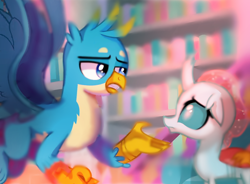 Size: 808x594 | Tagged: artist needed, source needed, safe, derpibooru import, edit, edited screencap, screencap, gallus, ocellus, changeling, griffon, school raze, season 8, spoiler:s08, bookshelf