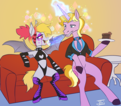 Size: 2273x2000 | Tagged: safe, artist:jitterbugjive, derpibooru import, oc, oc:batty bliss, bat pony, pony, unicorn, cake, cake slice, drugs, food, sofa, tongue, tongue out