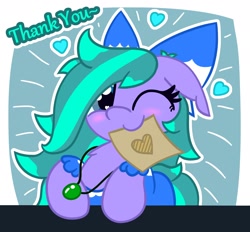 Size: 1778x1652 | Tagged: safe, artist:silvaqular, derpibooru import, oc, oc only, oc:cyanette, earth pony, pony, bow, clothes, cute, dress, female, hair bow, happy, jewelry, looking at you, mare, necklace, one eye closed, solo, thank you, wink