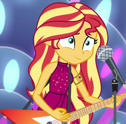 Size: 1031x1017 | Tagged: safe, derpibooru import, screencap, sunset shimmer, better together, equestria girls, spring breakdown, bare shoulders, cropped, electric guitar, guitar, microphone, musical instrument, sleeveless, solo