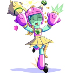 Size: 1818x2000 | Tagged: safe, artist:trackheadtherobopony, derpibooru import, oc, oc only, oc:goldheart, pony, robot, robot pony, bipedal, clothes, electricity, heart, helmet, morning star, shooting, simple background, skating, skirt, solo, weapon, white background