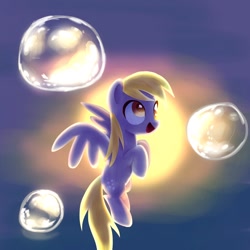 Size: 1200x1200 | Tagged: safe, artist:andromedasparkz, derpibooru import, derpy hooves, pegasus, pony, bubble, cute, derpabetes, female, flying, mare, open mouth, solo