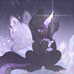 Size: 1154x1152 | Tagged: safe, artist:sam2up, derpibooru import, oc, oc only, butterfly, pony, 2022, crystal, cute, horn, shiny, solo, violet eyes, wings