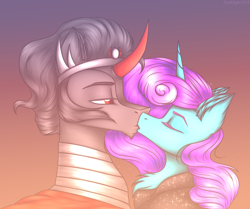 Size: 2092x1748 | Tagged: safe, artist:darklight1315, derpibooru import, king sombra, oc, oc:starless tundra, crystal pony, pony, unicorn, fallout equestria, eyes closed, fallout equestria: dark delirium, kiss on the lips, kissing, the crystal empire 10th anniversary