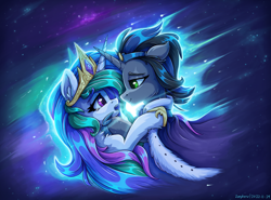 Size: 2400x1777 | Tagged: safe, artist:zeepheru_pone, derpibooru import, idw, king sombra, princess celestia, alicorn, pony, unicorn, spoiler:comic, celestibra, cuddling, duo, ear fluff, ears, eye contact, female, good king sombra, high res, looking at each other, love, male, mare, open mouth, shipping, signature, smiling, space, stallion, stars, straight, teary eyes, the crystal empire 10th anniversary