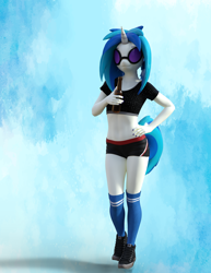 Size: 2800x3624 | Tagged: safe, artist:errantsfm, derpibooru import, dj pon-3, vinyl scratch, anthro, plantigrade anthro, unicorn, 3d, alcohol, beer, beer bottle, bottle, clothes, daz studio, female, midriff, shoes, shorts, sneakers, socks, solo, vinyl's glasses