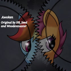 Size: 1654x1654 | Tagged: safe, artist:taeko, derpibooru import, rainbow dash, scootaloo, pegasus, pony, fanfic:rainbow factory, 2022, absentia, abstract background, awoken, duo, factory scootaloo, fanfic art, female, filly, foal, gears, mare, rainbow factory dash
