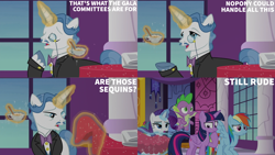 Size: 4400x2475 | Tagged: safe, derpibooru import, edit, edited screencap, editor:quoterific, screencap, fancypants, rainbow dash, rarity, spike, twilight sparkle, twilight sparkle (alicorn), alicorn, dragon, between dark and dawn, canterlot castle, canterlot castle interior, winged spike, wings