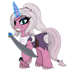 Size: 2800x2800 | Tagged: safe, artist:tertonda, derpibooru exclusive, derpibooru import, oc, oc only, oc:rose thorn, pony, unicorn, 2023 community collab, belt, blue eyes, clothes, coat, cutlass, derpibooru community collaboration, eyepatch, female, full body, glowing, glowing horn, horn, lip piercing, magic, mare, neckerchief, piercing, pink fur, pink mane, pirate, ponytail, scar, shackles, simple background, solo, sword, tail, tattered, torn clothes, transparent background, unicorn oc, unshorn fetlocks, weapon