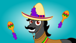 Size: 7680x4320 | Tagged: safe, artist:moonlight bloom, derpibooru import, king sombra, pony, unicorn, .svg available, absurd resolution, clothes, dark magic, facial hair, gradient background, king sombrero, looking at you, magic, magic aura, male, maracas, moustache, musical instrument, poncho, smiling, solo, sombrero, stallion, the crystal empire 10th anniversary, vector