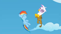 Size: 3072x1727 | Tagged: safe, derpibooru import, screencap, gilda, rainbow dash, griffon, pegasus, pony, season 5, the lost treasure of griffonstone, ^^, cute, dashabetes, duo, duo female, eyes closed, female, filly, filly rainbow dash, flying, foal, gildadorable, high res, smiling, spread wings, wings, younger