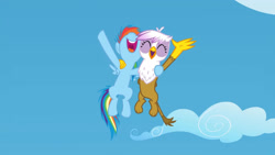 Size: 3072x1727 | Tagged: safe, derpibooru import, screencap, gilda, rainbow dash, griffon, pegasus, pony, season 5, the lost treasure of griffonstone, ^^, cute, dashabetes, duo, duo female, eyes closed, female, filly, filly rainbow dash, flying, foal, gildadorable, high res, looking up, nose in the air, open mouth, open smile, smiling, spread wings, volumetric mouth, wings, younger