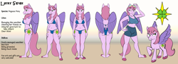 Size: 5000x1818 | Tagged: safe, artist:arrjaysketch, derpibooru import, oc, oc only, oc:lucky shine, anthro, pegasus, pony, bikini, bipedal, breasts, clothes, female, quadrupedal, reference sheet, shorts, solo, swimsuit, tanktop