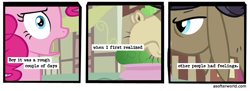 Size: 720x261 | Tagged: safe, edit, edited screencap, screencap, cranky doodle donkey, pinkie pie, a friend in deed, a softer world, comic, screencap comic, text