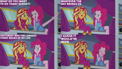 Size: 4400x2475 | Tagged: safe, derpibooru import, edit, edited screencap, editor:quoterific, screencap, pinkie pie, sunset shimmer, better together, equestria girls, sunset's backstage pass!, barefoot, caption, clothes, feet, one leg raised, pajamas, text