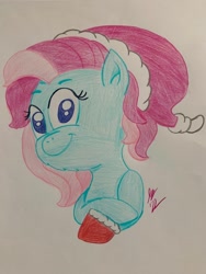 Size: 1536x2048 | Tagged: safe, artist:jesslmc16, derpibooru import, minty, earth pony, a very minty christmas, g3, bust, chest fluff, christmas, christmas stocking, clothes, colored, colored hooves, colored pencil drawing, colored pencils, colored pupils, crossed arms, drawing, fluffy, hat, holiday, looking at you, portrait, santa hat, smiling, smiling at you, socks, traditional art