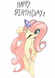 Size: 2480x3508 | Tagged: safe, artist:solid shrimp, derpibooru import, fluttershy, pegasus, pony, birthday, female, hat, mare, open mouth, party hat, simple background, sleepy, solo, white background, wingless