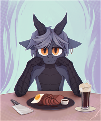 Size: 3000x3600 | Tagged: safe, artist:ivanmidnight, derpibooru import, oc, oc only, oc:mattie banshee, anthro, dragon, alcohol, anthro oc, beer, birthday, dragoness, ear piercing, egg (food), female, food, horns, meat, piercing, solo