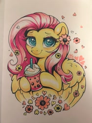 Size: 768x1024 | Tagged: safe, artist:confetticakez, derpibooru import, fluttershy, pegasus, pony, blushing, cherry blossoms, cup, cute, drinking straw, female, flower, flower blossom, flower in hair, mare, shyabetes, smoothie, solo, traditional art