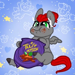 Size: 1000x1000 | Tagged: safe, artist:nootaz, derpibooru import, oc, oc only, oc:void, pegasus, pony, abstract background, bag, eating, female, food, mare, nose piercing, nose ring, piercing, puffy cheeks, sitting, solo, takis